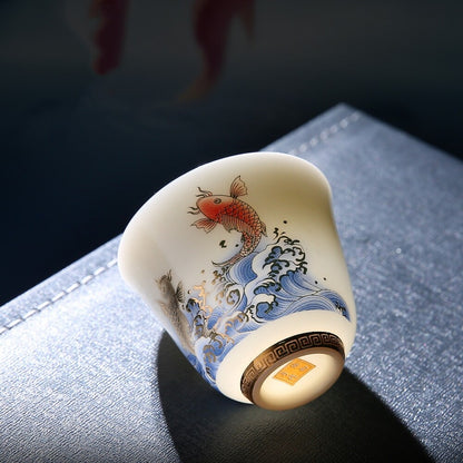 Dehua Fat Mutton Jade Porcelain Tea Cup 50ml Hand Drawing Floral Fish Painted