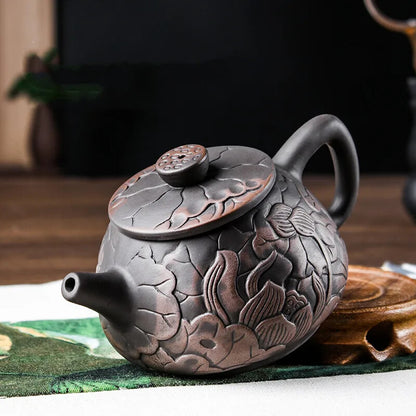 Purple Clay Teapots Beauty Kettle Black Mud Hand Carved Lotus Illustration Pot