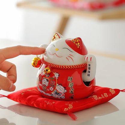 4.5 Inch Ceramic Beckoning Lucky Cat Battery Powered Fortune Cat Waving Arm