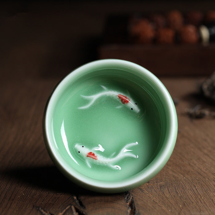 Longquan Porcelain Tea Cup Double Fish Set Marked Cup 55ml Longquan Celadon Cup