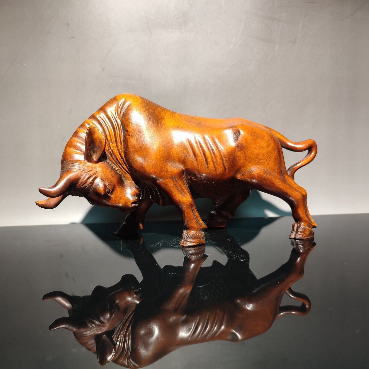 Chinese Boxwood Carving Wealthy Cow Bull Cattle Ox Statue Indoor Home Decor Gift