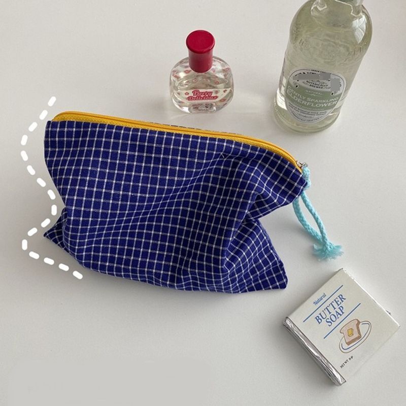 Plaid Cosmetic Bags Multipurpose Toiletry Cotton Zipper Pouch Travel Makeup Bag