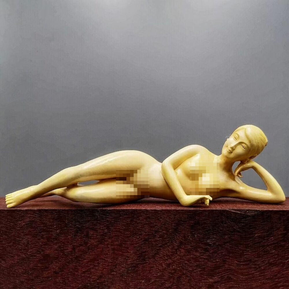 7" Chinese Boxwood Huang-yang Wood Carving Girl Statue
