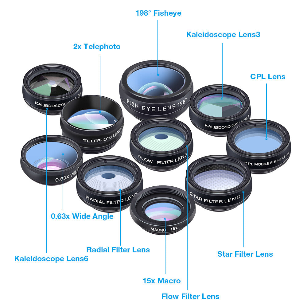 APEXEL 10 in 1 Smartphone Lens Kit Fisheye Wide-Angle Macro Lens CPL Filter 2X