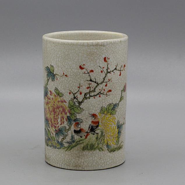 4.5" Collect Chinese Qing Famille Rose Porcelain Tree Peony Bird Brush Pot