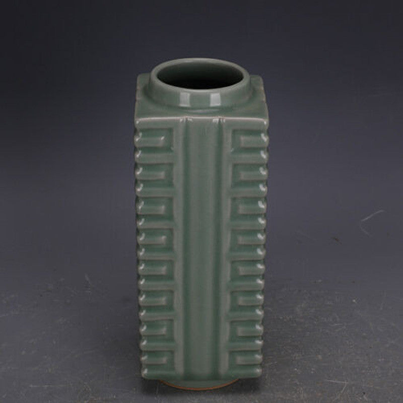 Chinese Song Longquan Kiln Celadon Glaze Porcelain Square Shape Vase Decor 9.37"