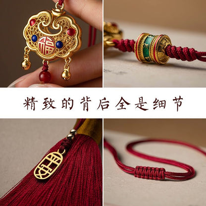 Car Hanging Ornament Ping An Lock Brass Red Tassel Rearview Mirror Decoration