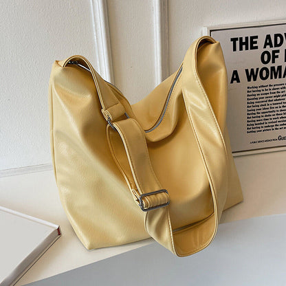 Women Big Bucket Bag Soft Leather Shoulder Bag Underarm Bag Crossbody Bag Silver