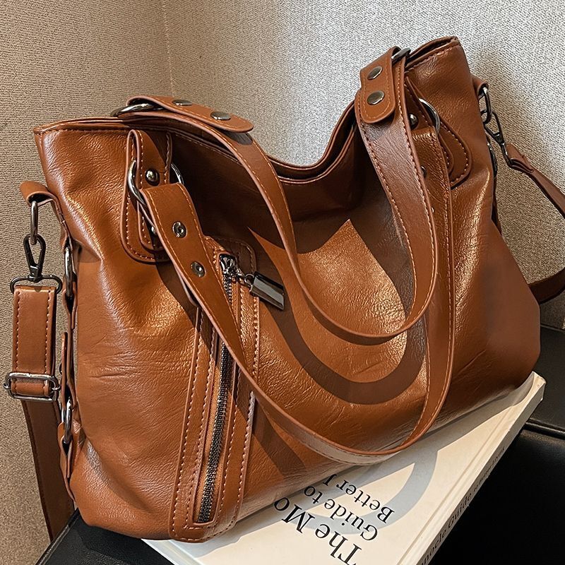 Shoulder Bag Oil Wax Leather Wide Strap Crossbody Bag Zipper Shopper Handbag 1PC