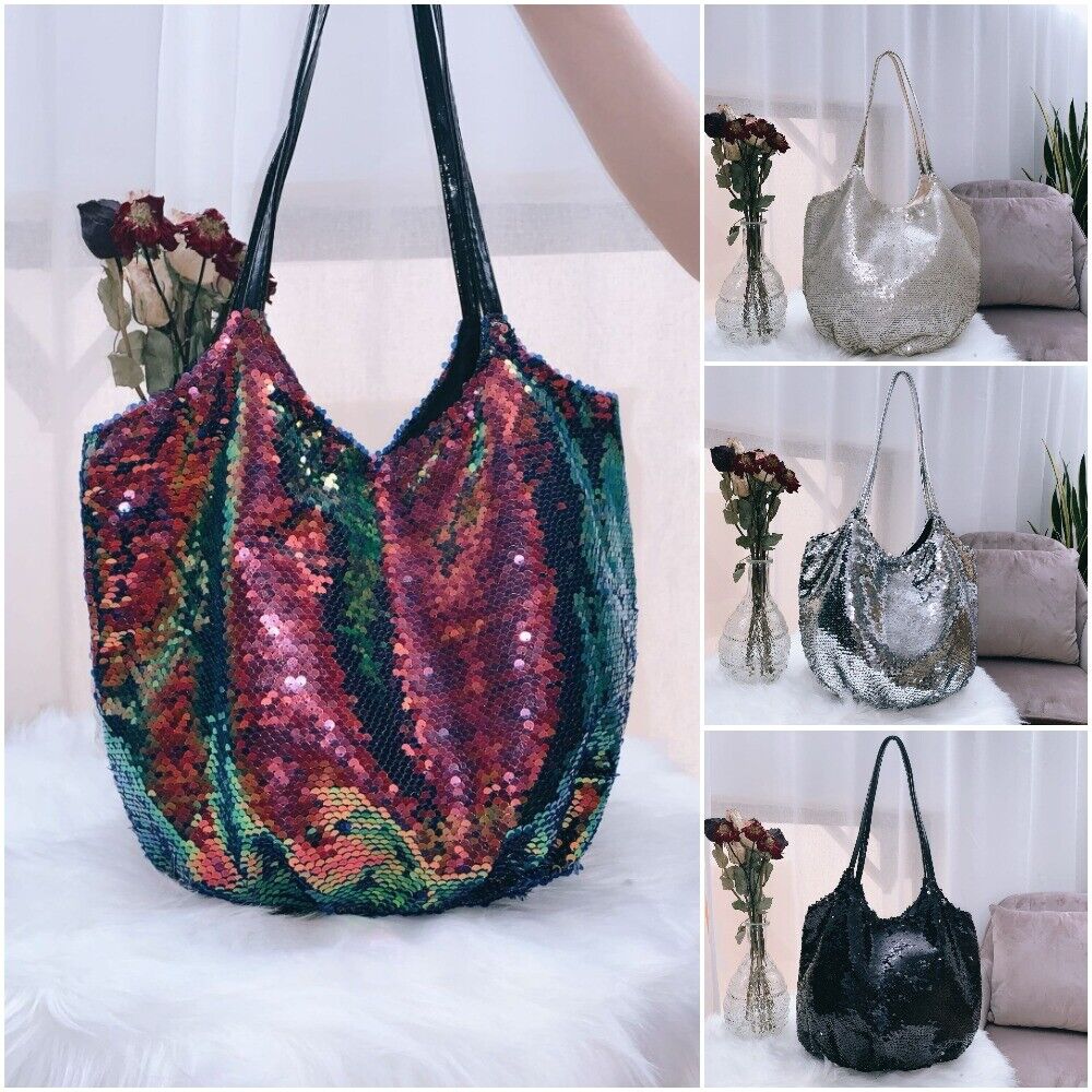 Women Shoulder Bag Large Capacity Sequin Diagonal Soft Handbag Polyester 22x26cm