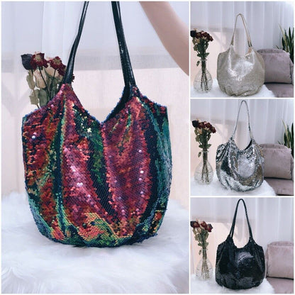 Women Shoulder Bag Large Capacity Sequin Diagonal Soft Handbag Polyester 22x26cm
