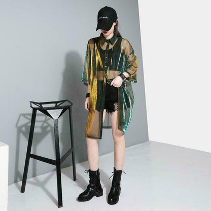 Lady Womens Holographic Laser Jacket Iridescent Transparent Shirts Tops Outwear