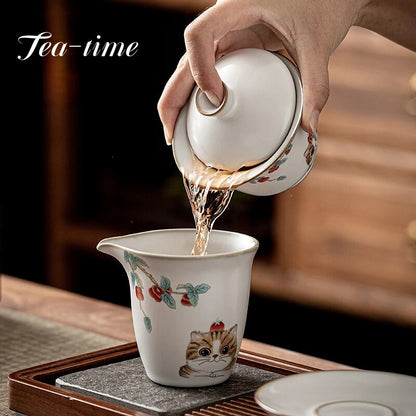 170ml Chinese Ru Kiln Ceramic Gaiwan Cute Cat Pattern Tea Tureen Teacup Tea Bowl