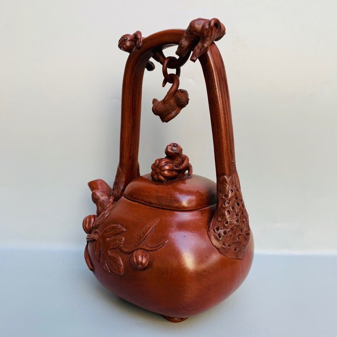 Chinese Yixing Zisha Clay Handmade Exquisite Teapot （提梁吊猴紫砂壶 底款：陈鸣远 ）