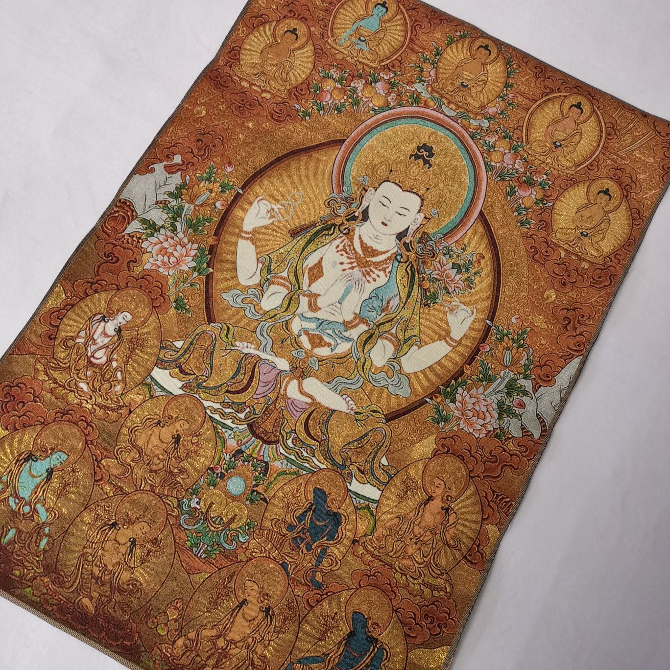 36"Tibet Tibetan Cloth Silk Buddhism 4Arms Guanyin Kwan-yin Tangka Thangka Mural