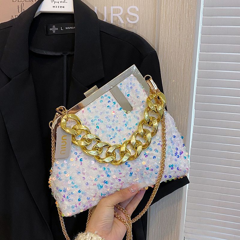 Sequin Shoulder Messenger Bag Buckle Handbag Thick Chain Polyester Purse Hasps