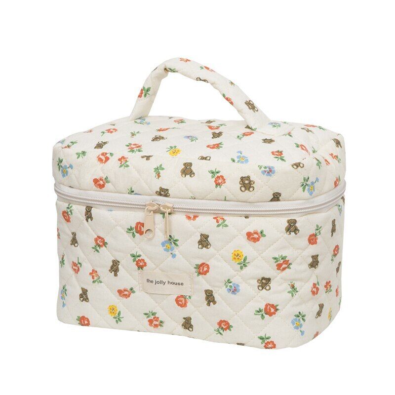 Flower Cosmetic Bag Quilted Cotton Pouch Zipper Flip Toiletry Bags Women