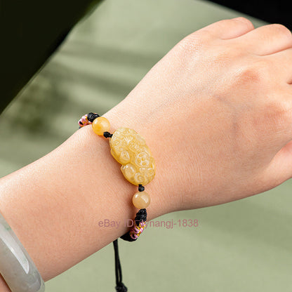 Certified Natural Yellow Jade Pixiu Hand Woven Peach Blossom Knot Bracelet