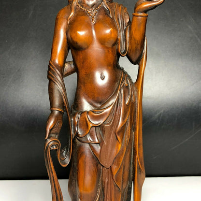 Chinese Boxwood Wood Hand Carved Buddhism Guanyin Kwan-yin Goddess Statue