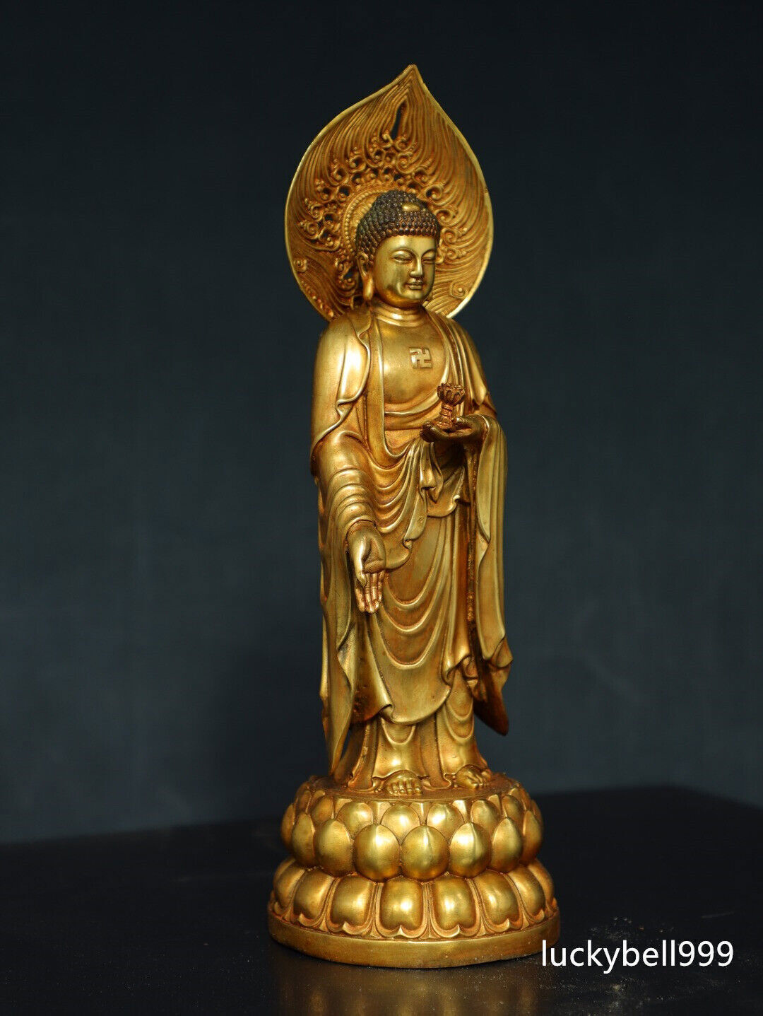 13.8" Old Antique Tibetan Buddhism Temple Bronze 24k Gilt Amitabha Buddha Statue