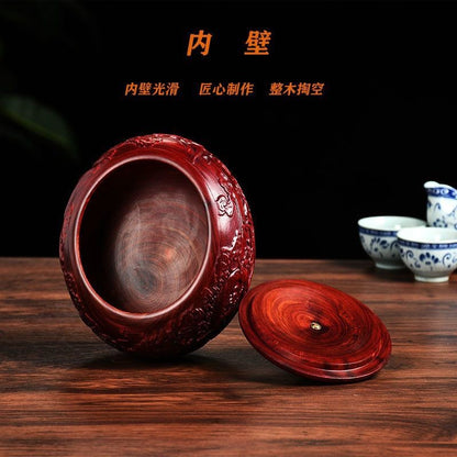 Red Sandalwood Tea Caddy Dragon Phoenix Carved Solid Wood Moistureproof Jar