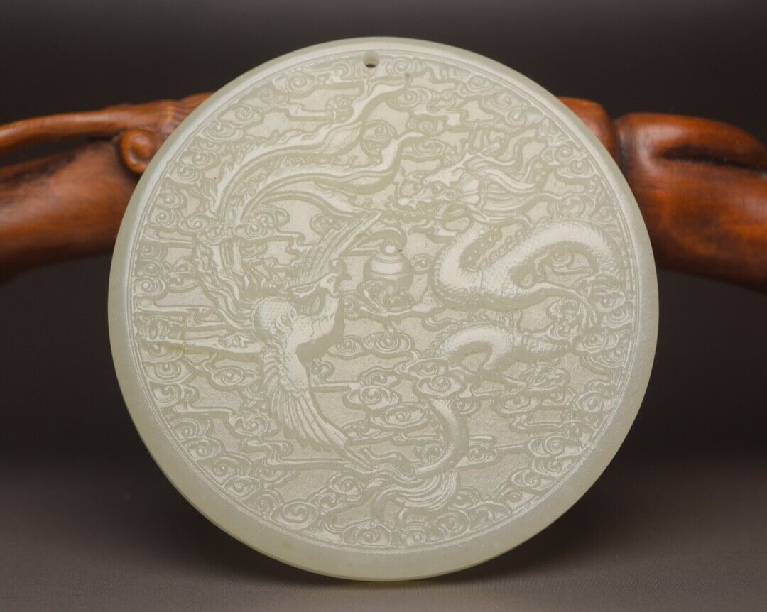 Top Chinese Natural Hetian Jade Carved Dragon Phoenix Statue Lucky Jade Pendant