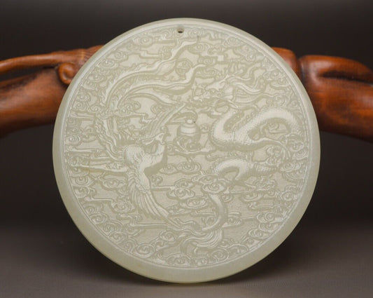 Top Chinese Natural Hetian Jade Carved Dragon Phoenix Statue Lucky Jade Pendant