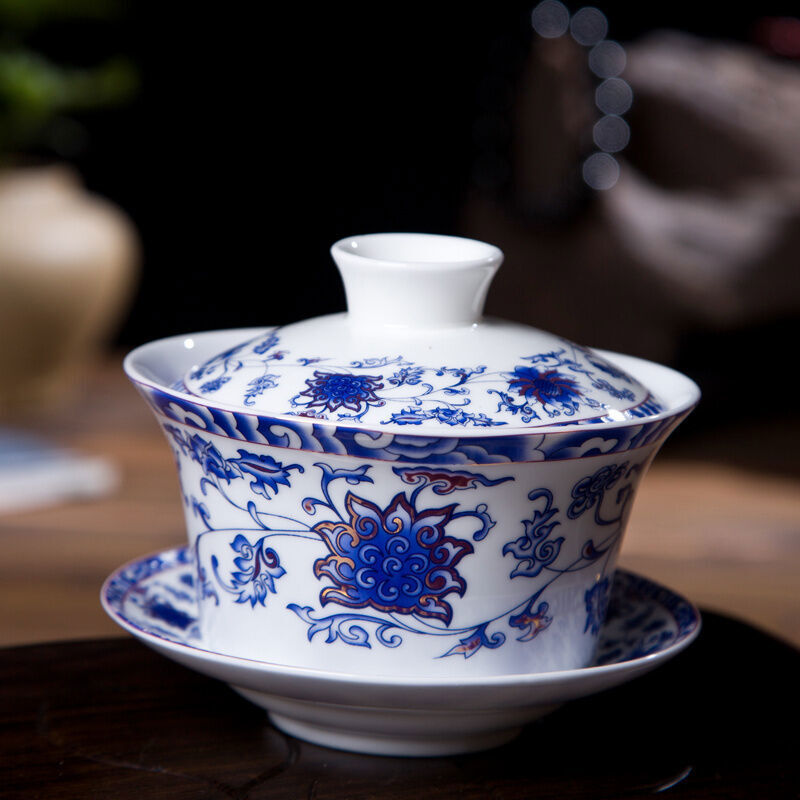 300ml Ceramic Tureen Bone China Tea Bowl Cup Blue-and-white Porcelain Gaiwan Cup
