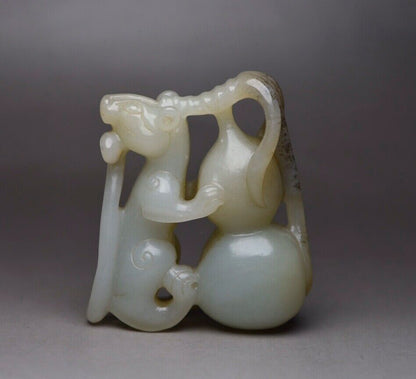 Collections Chinese Hetian Jade Hand Carving Rat Gourd Statue Exquisite Art Work