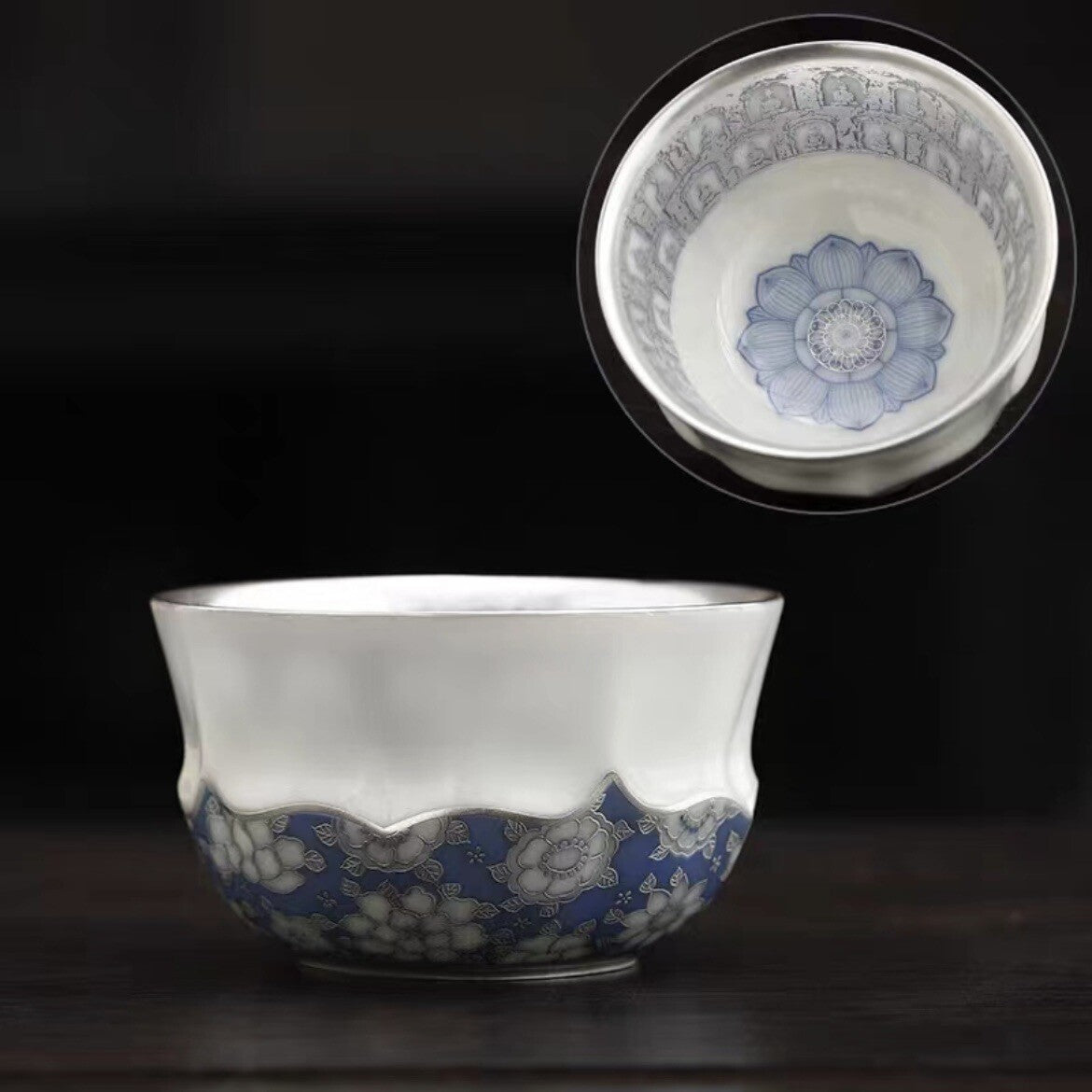 Ceramic + Pure Silver Tea Pot Gaiwan Master Cup Porcelain Buddha Tea Cup Tureen