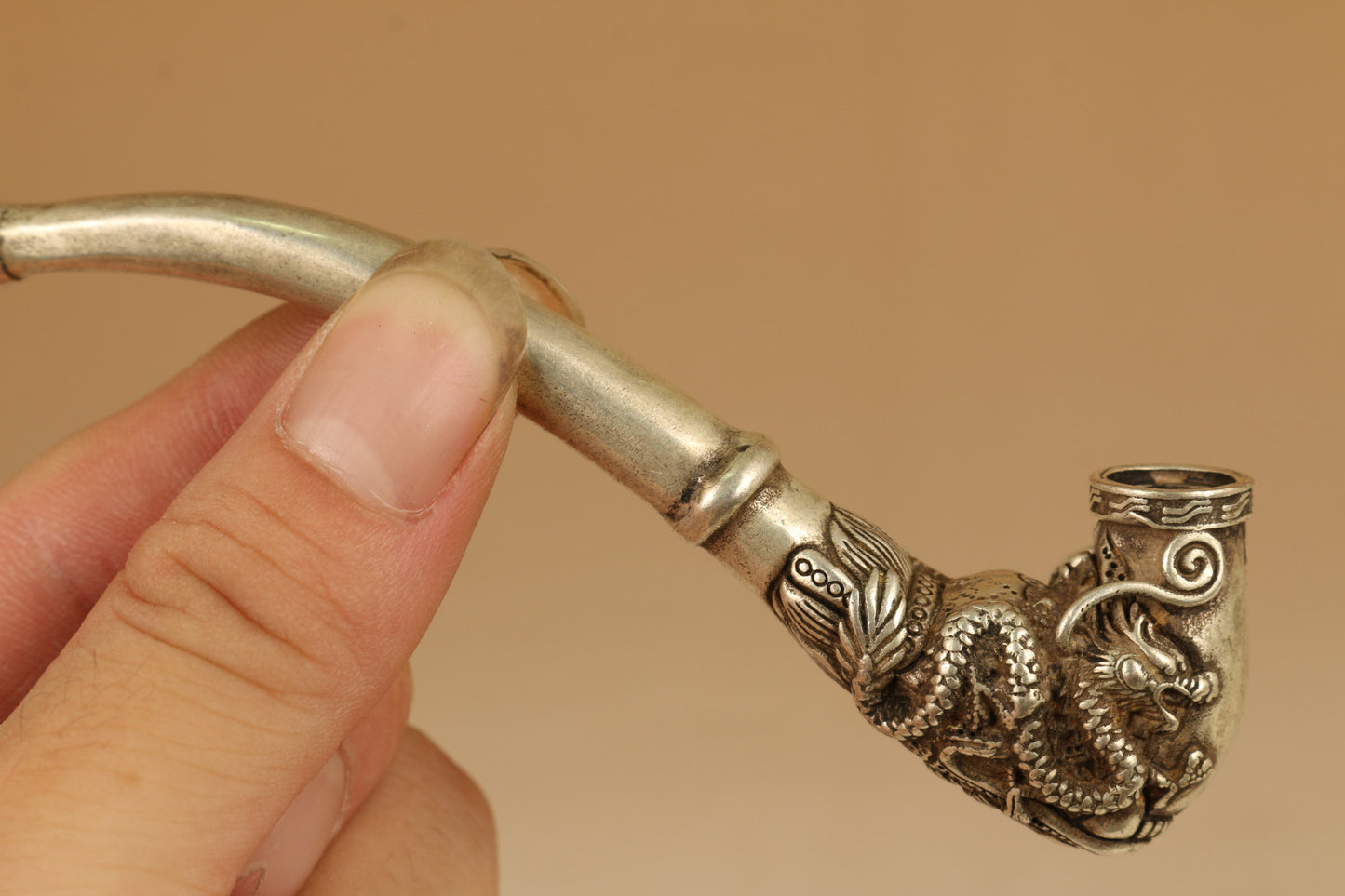 Rare Tibet Silver Copper Smoking Tool Statue Old Sacred Opening Dragon Head Pipe