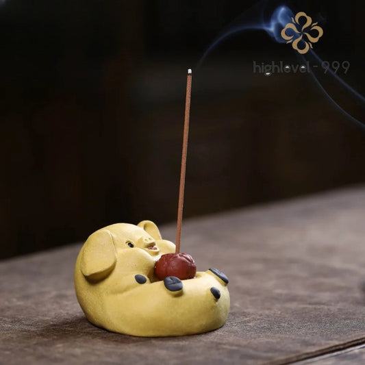 6.6cm Purple Clay Handcarvede Zodiac Pig Incense Holder Tea Pet Statue Ornament