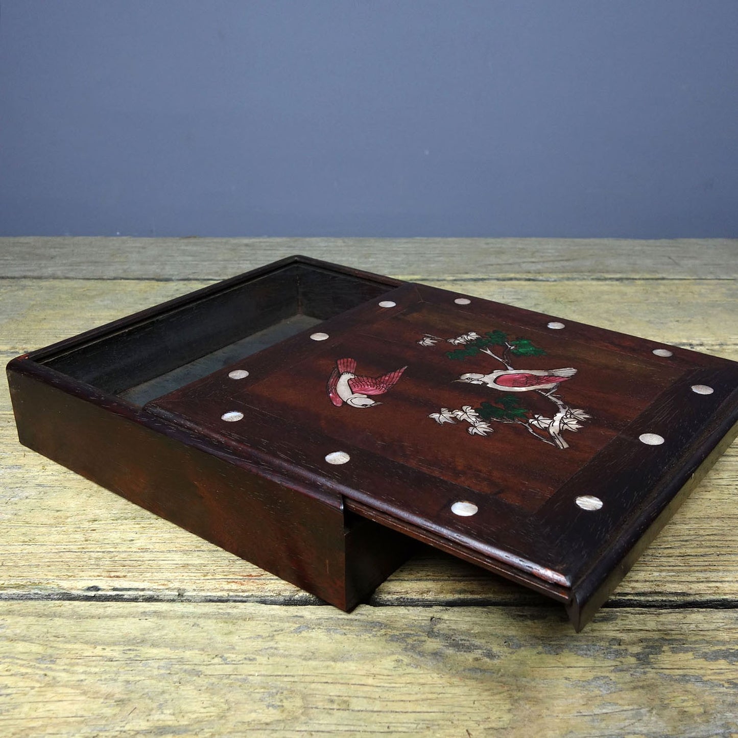 Vintage Rosewood Inlaid Abalone Bird Pair Tea Jewelry Storage Box 22cm