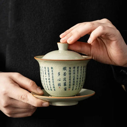 Retro Heart Meridian Tea Tureen Ru Kiln Ceramic Bowl Gaiwan Teaware Set Tea Cup