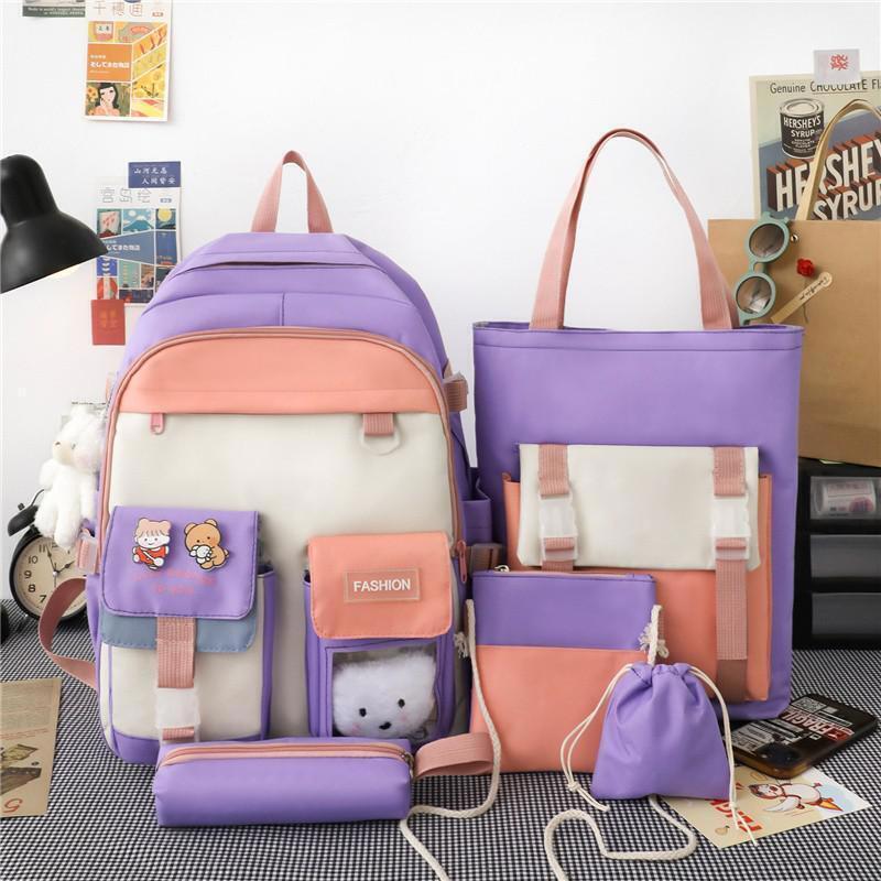 5 In 1 Women Backpack Pockets School Bag Teenage Girls Backpacks Bookbags
