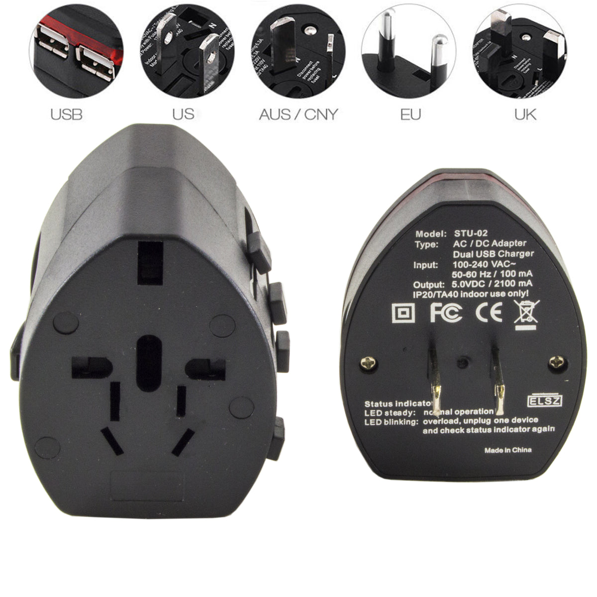 Travel Adapter USA, UK, EU, AUS/CNY Charger Power Plug Converter + 2 USB Ports