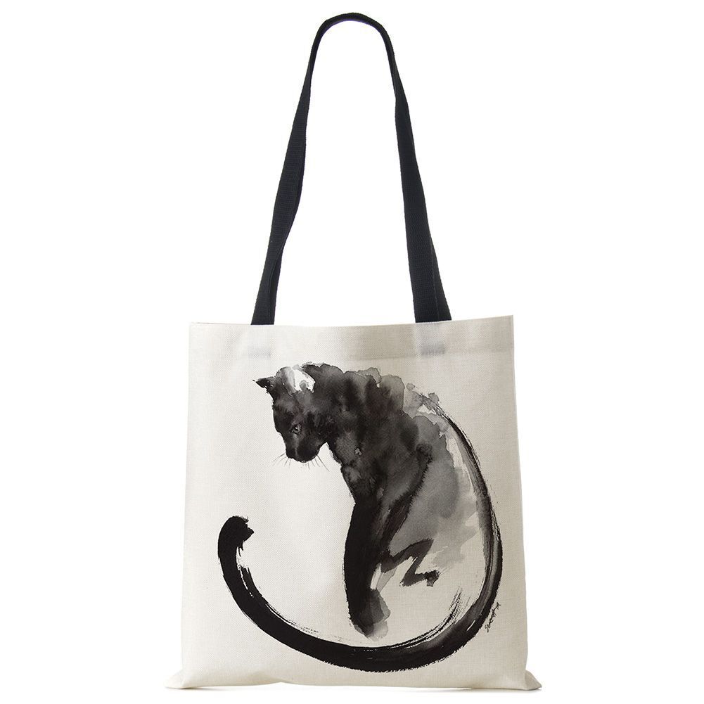 Tote Bags Black Cat Printed Linen Fabric Eco Handbag Shopping Reusable Shoulder