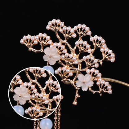 Chinese Traditional Classical Flower Simulated Pearls Tassel Hair Clasp Decor
