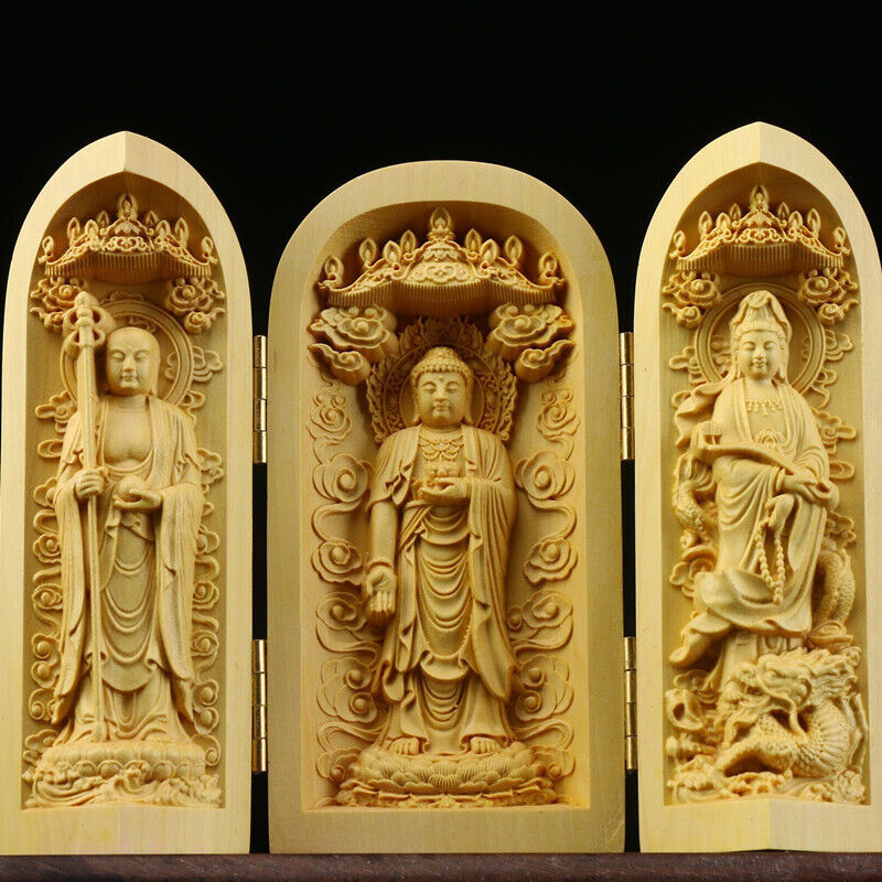 Buddha Statue Carved Wooden Sculpture Decor Three Open Box Home Ornaments NEW