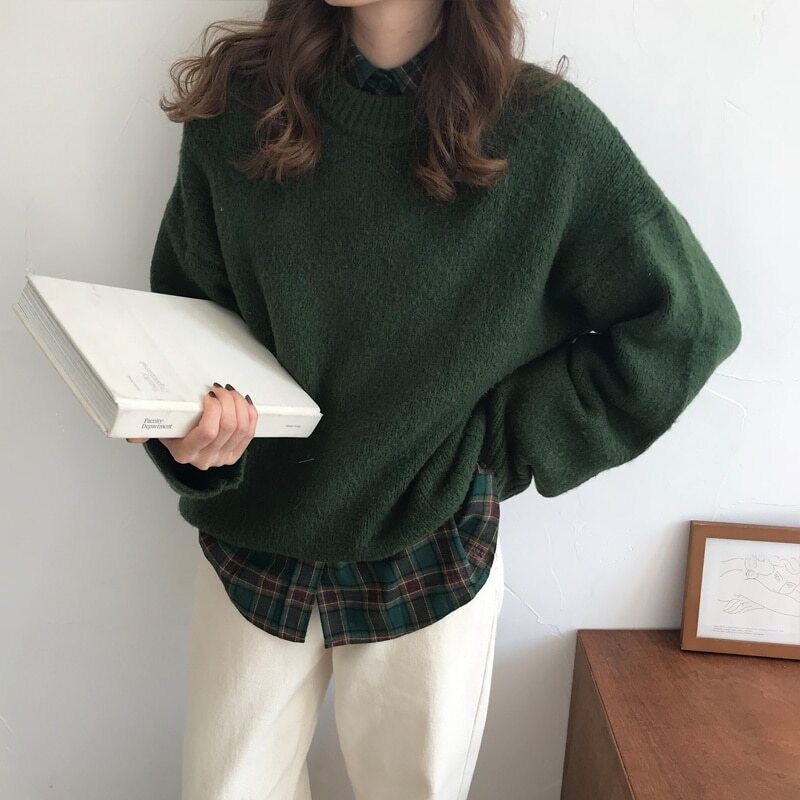 Oversized Green Sweater Warm Cute Pullovers Autumn Spring 2023