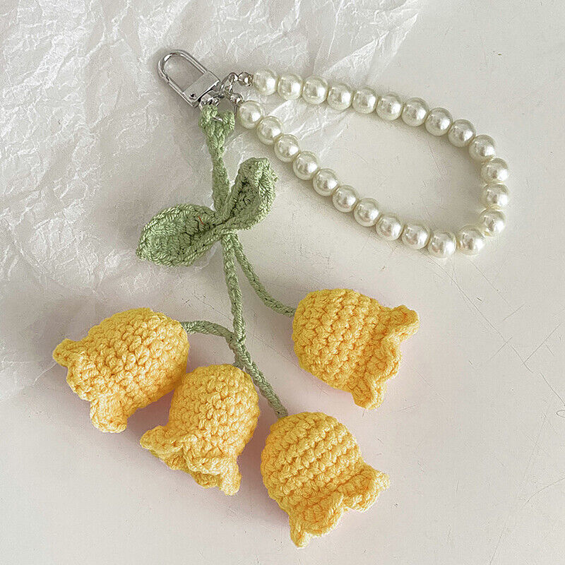 1Pc Flower Knitted Keychain Keyring Women Crocheted Wool Flower Leaf Bag Pendant