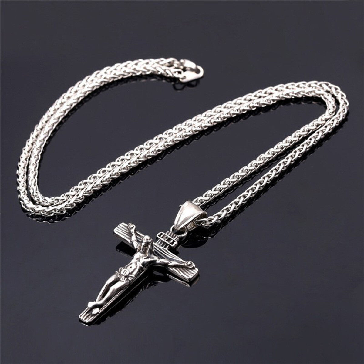 Stainless Steel Jesus Christ Crucifix Cross Pendant Chain Men Necklace