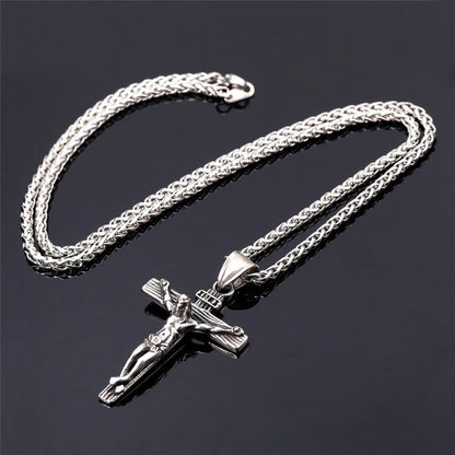 Stainless Steel Jesus Christ Crucifix Cross Pendant Chain Men Necklace