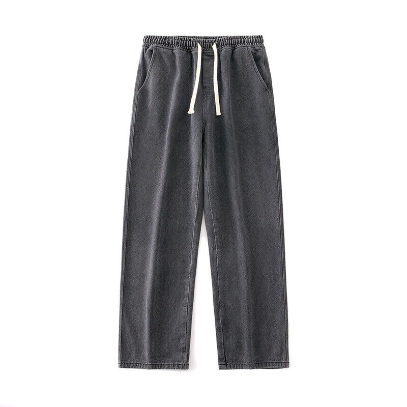 Mens Loose Wide Leg Denim Pants Drawstring Jeans Elastic Waist Baggy Trousers