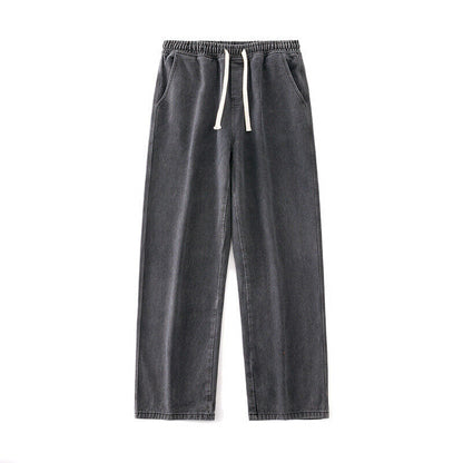 Mens Loose Wide Leg Denim Pants Drawstring Jeans Elastic Waist Baggy Trousers