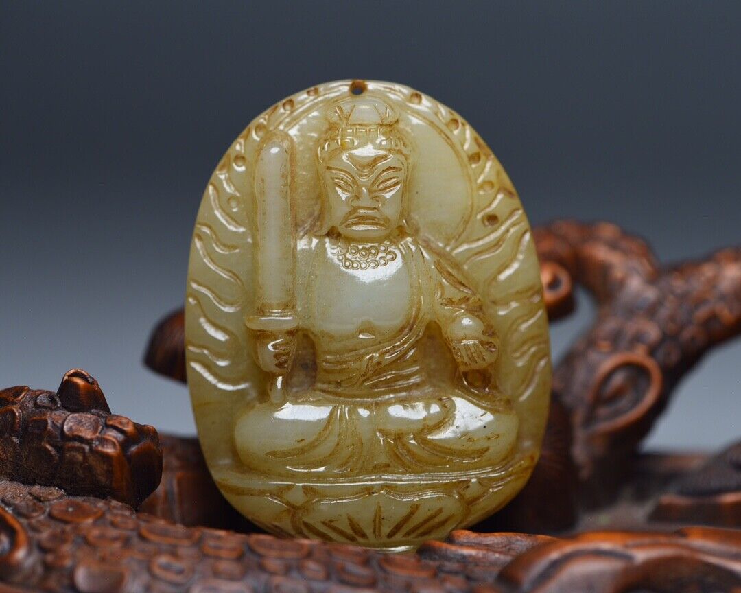 Chinese Natural Hetian Jade Hand Carved Buddhist Figure Statue Pendant Jewelry