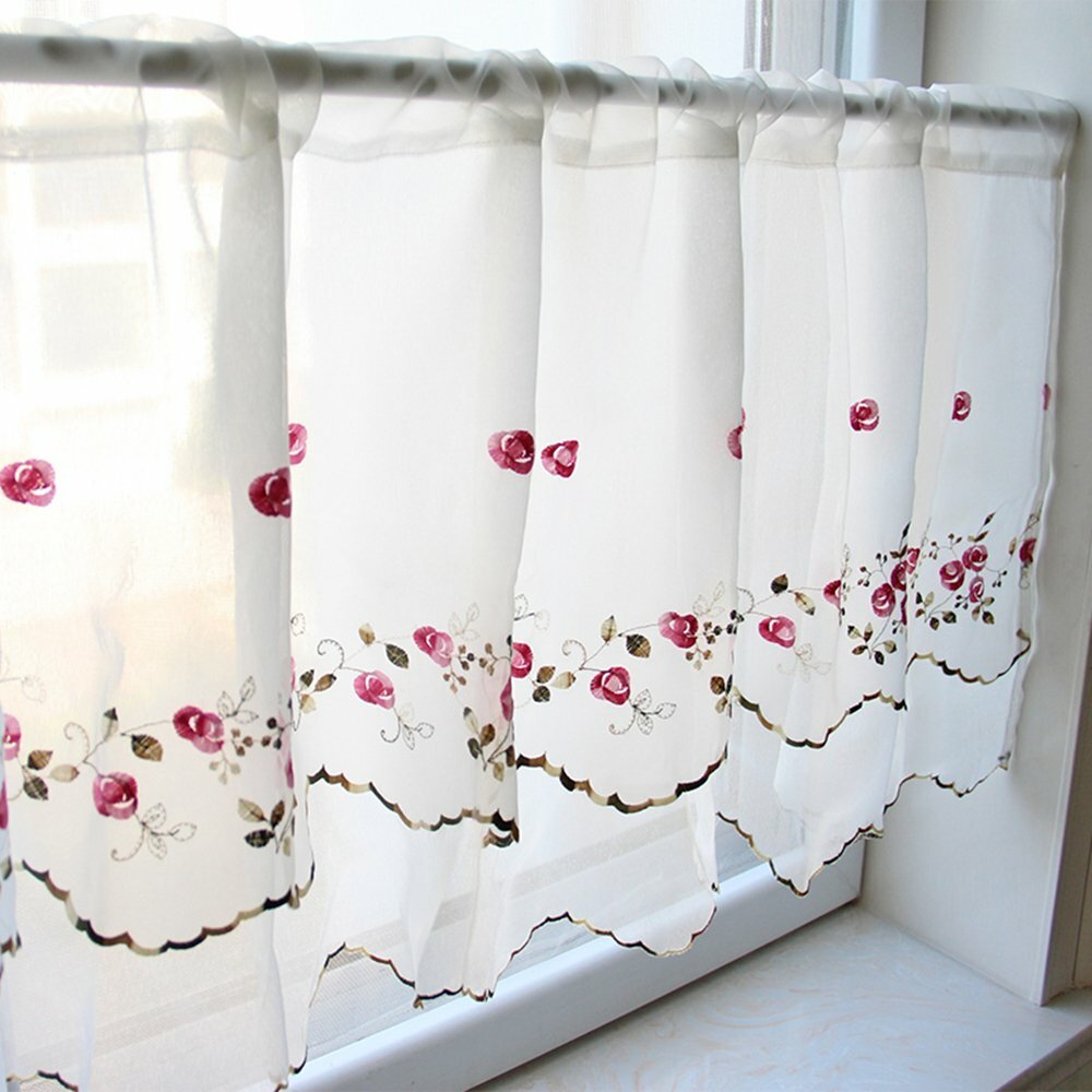 Floral Embroidered Sheer Kitchen Cafe Curtain Voile Tier Valance Short Panel