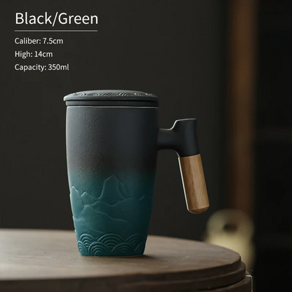 Embersceramic Ceramic Tea Cup with Infuser and Lid Tea Mugs Wooden Handle 350ml