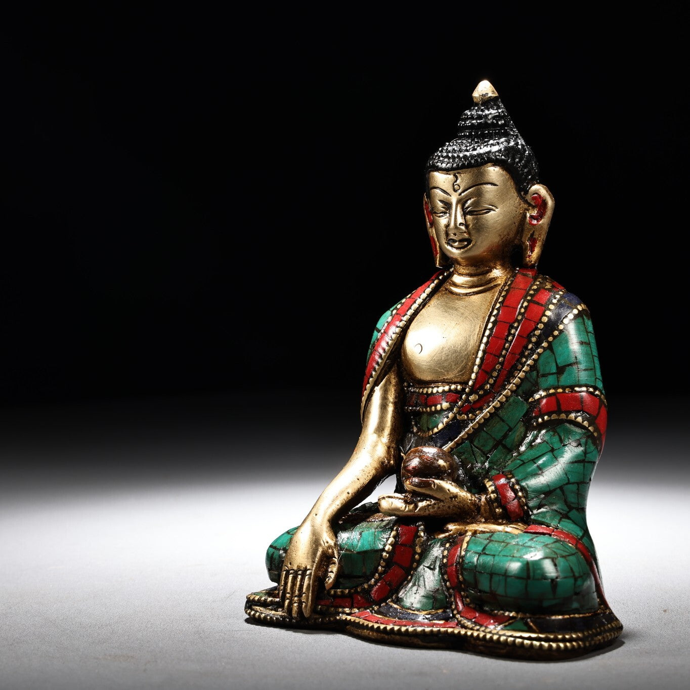 4.8" Old China Antique Pure Copper Inlay Gem Color Painting Buddha Statue