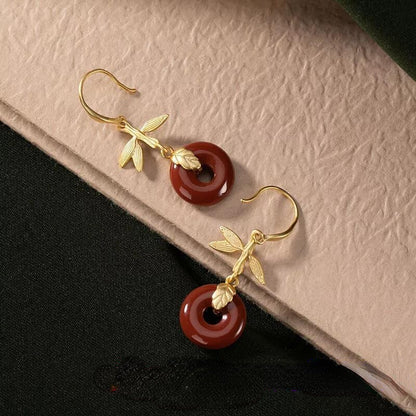 New Vintage Jewelry Red Jade Donut Earrings Women 925 Silver